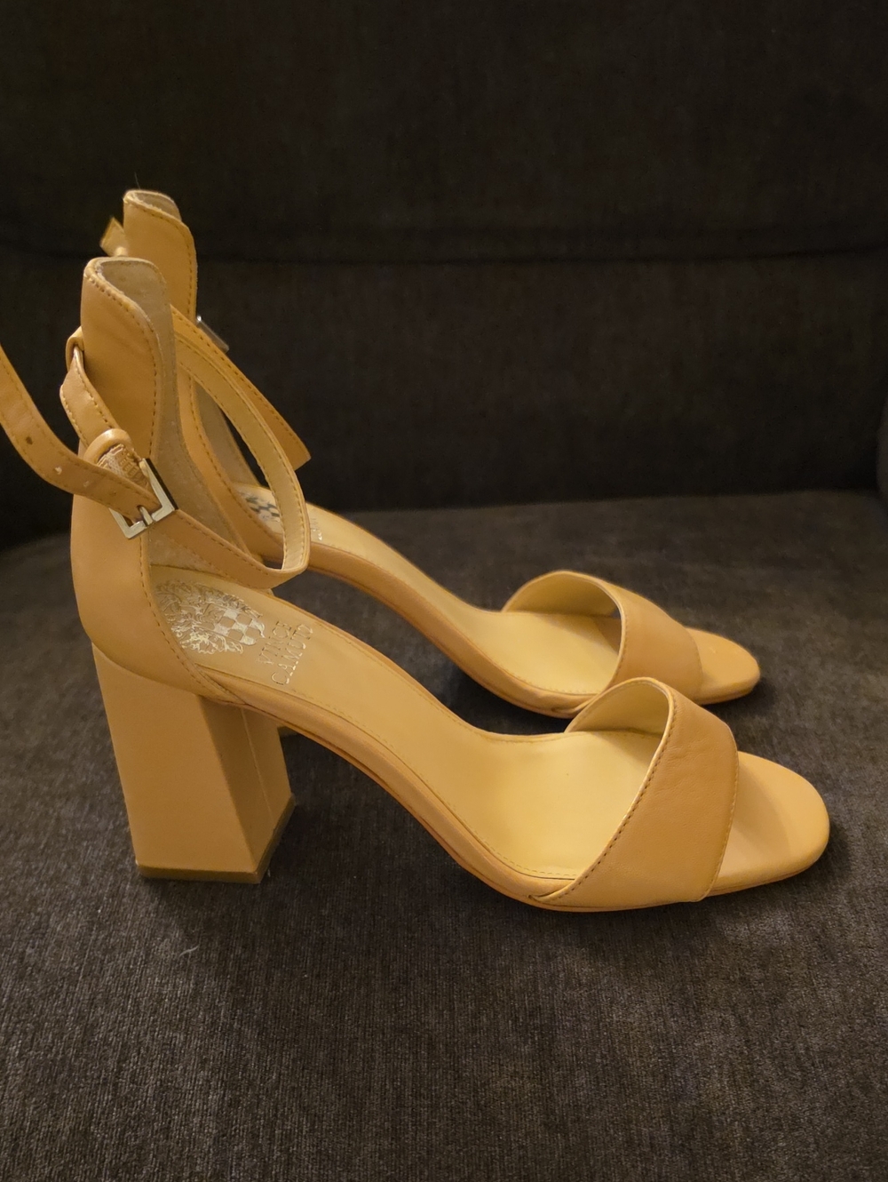 Vince Camuto Winderly Tan Block Heel Sandals with Ankle Strap